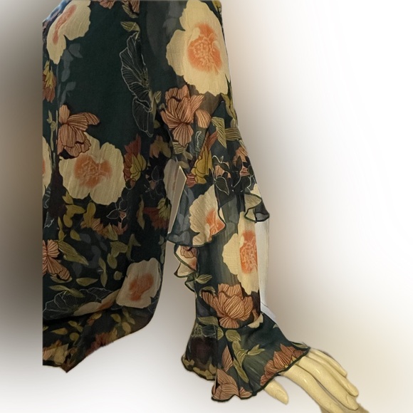 As U Wish Green and Pink Floral A-Line Dress with Ruffled Sleeves - Picture 3 of 11